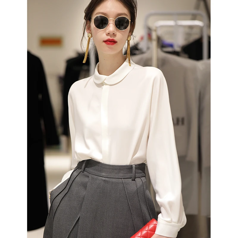 

Elegant Acetate Satin Shirt Women's Spring Autumn Long Sleeve Professional Workwear Collar Button up Loose Fit Top