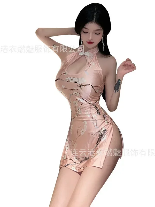 Nuovo abito sexy intimo diviso senza maniche stampato cheongsam discoteca stretto abito uniforme elegante dolce donna top