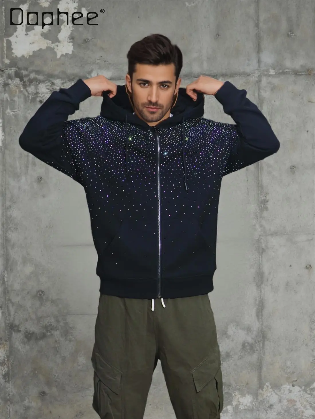 

Мужская унисекс толстовка с капюшоном в американском уличном стиле, с градиентом «звездное небо» и массивными стразами, на флисе, уличная одежда