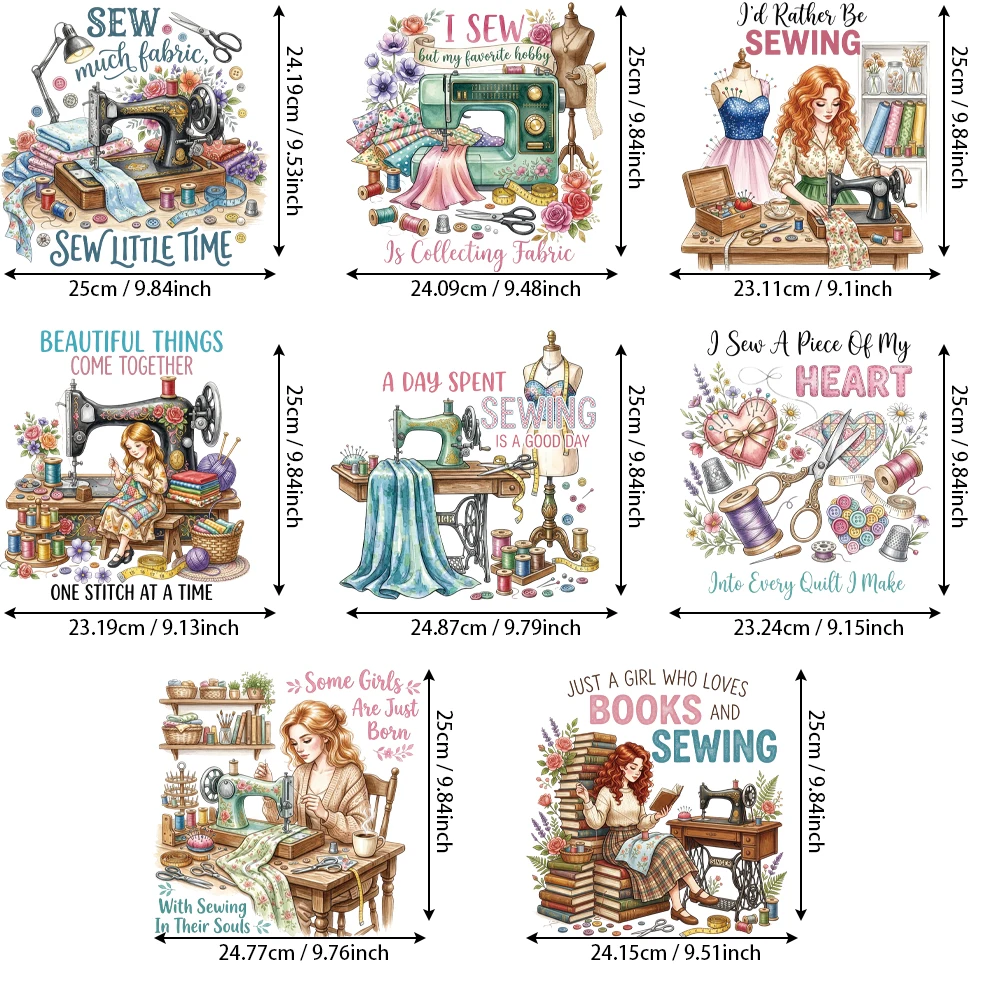 8 retro sewing machine girl heat transfer vinyls, wash wear resistant for aprons & canvas bags, easy cut & transfer