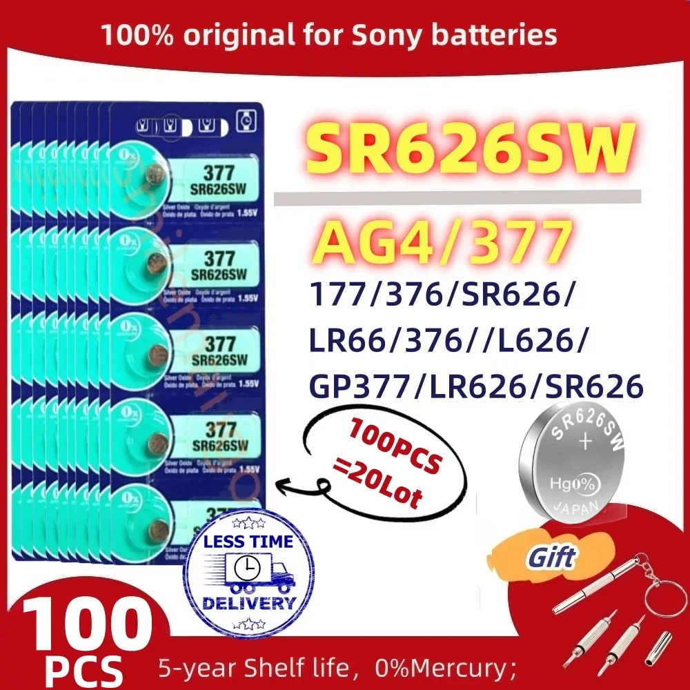 100PCS Original For SONY AG4 377 1.55V Button Batteries SR626SW Cell Coin Alkaline Battery 177 376 626A LR66 LR626 For Watch Toy