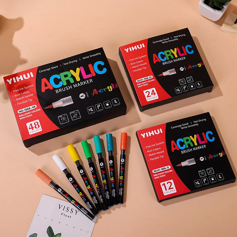 12-60 Farben Acryl-Marker Malstifte mit Pinselspitze für Steinmalerei Holz Glas DIY Basteln Geschenke