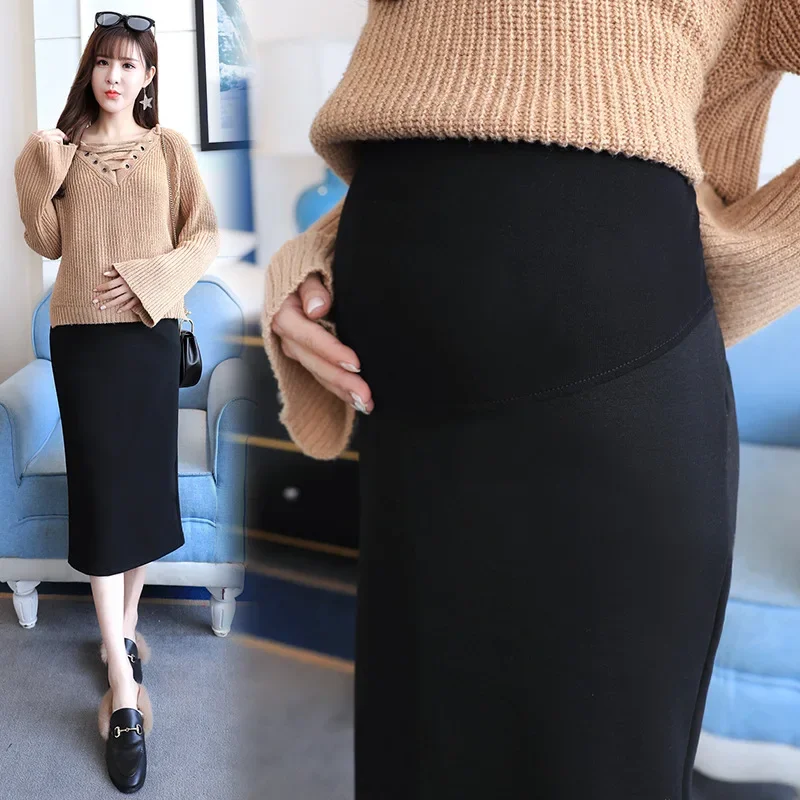 Maternity High Waist Belly Skirts Pregnant Women Empired Belly Skirts Mid-Calf Pencil Skirts Office Long Straight Skirt