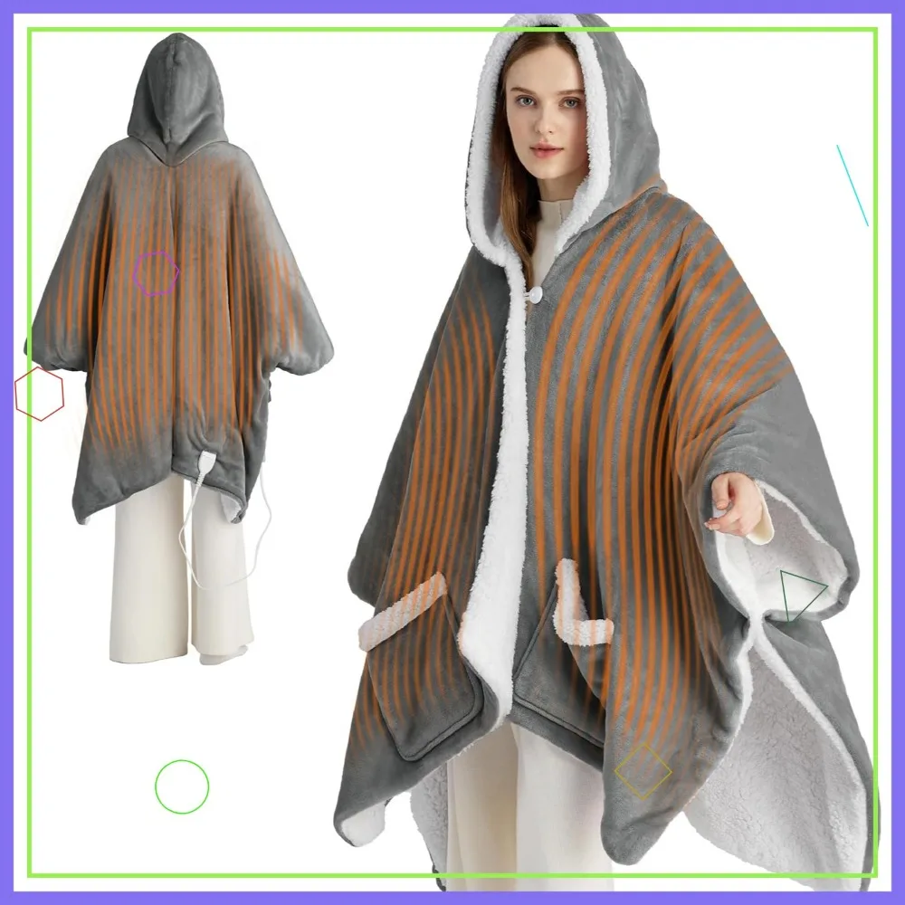 

Wearable Heated Shawl Poncho Blanket Hoodie for Adults, 6 Heat & 4 Time Settings, Grey