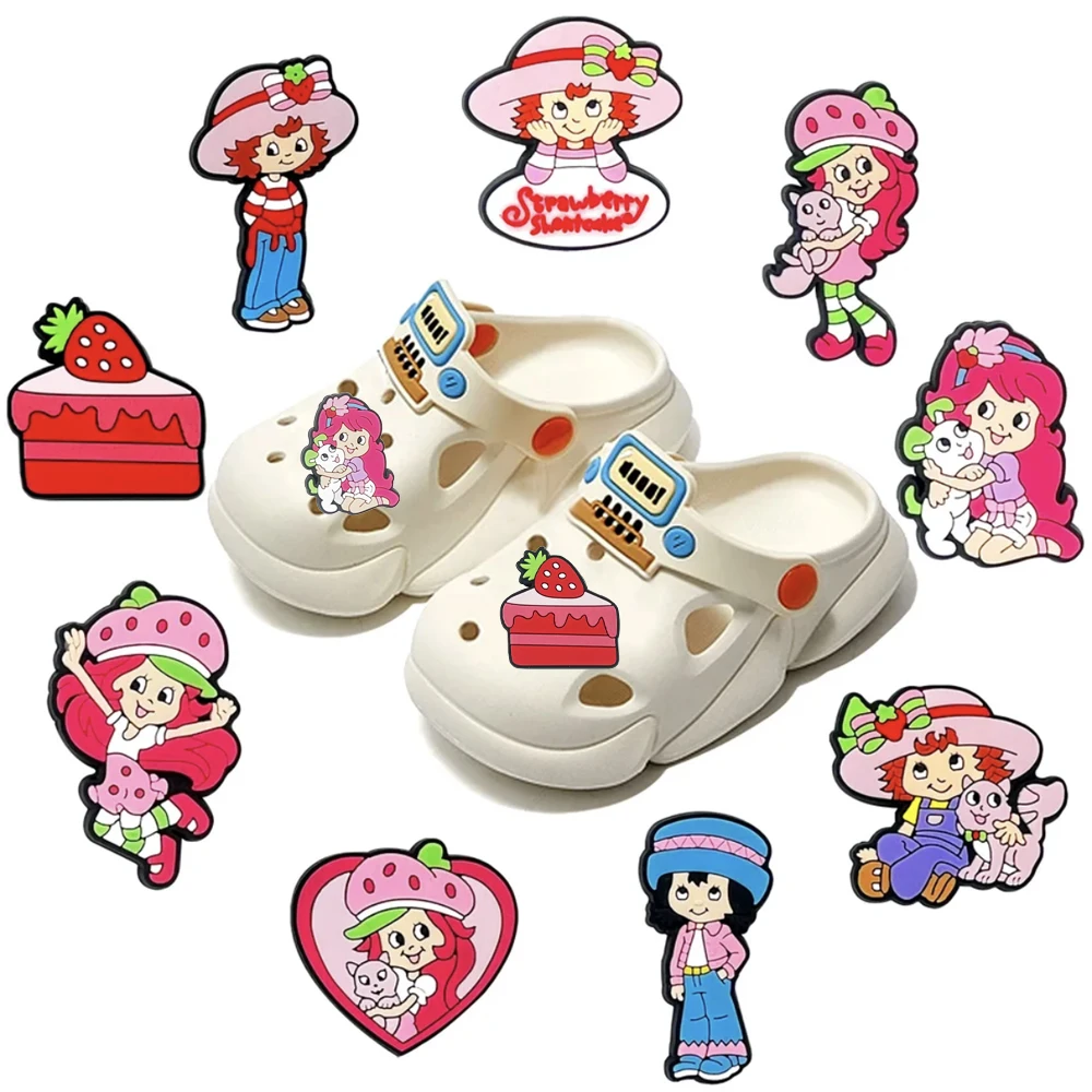 9/50pcs Cute Cartoon Strawberry Girl Shoe Charms DIY Shoes Decorations Accessories Clog Sandal Buckle Friend Party Gifts