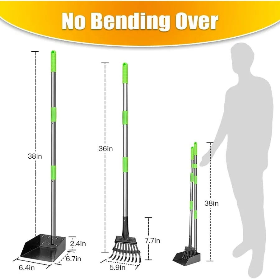 Colheitadeira de pooper com cabo longo e resistente com bandeja e ancinho de aço inoxidável projetado para cães médios e pequenos, ideal para limpeza