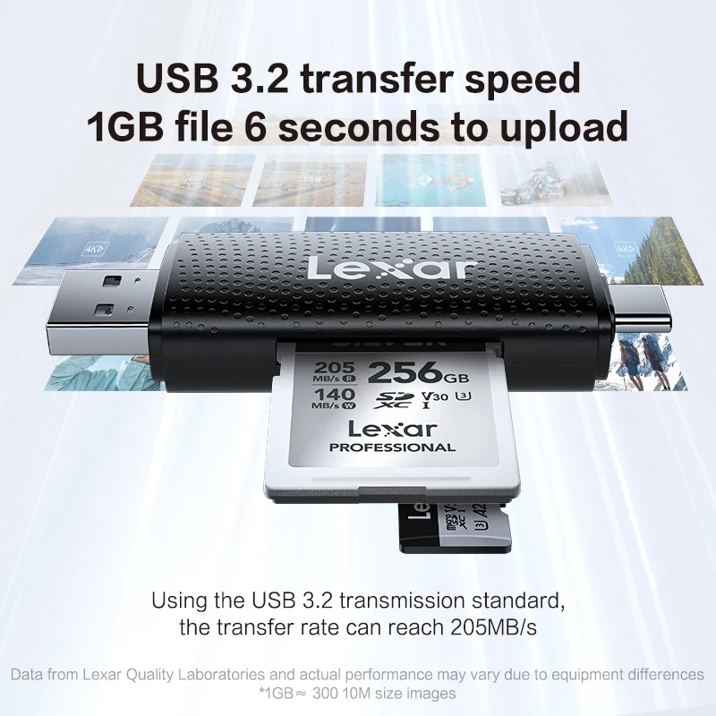 قارئ Lexar ثنائي الفتحة USB-A USB-C يصل إلى 205 ميجا بايت/ثانية قارئ بطاقات SD USB 3.2 وقارئ بطاقات Micro SD للكمبيوتر والهاتف