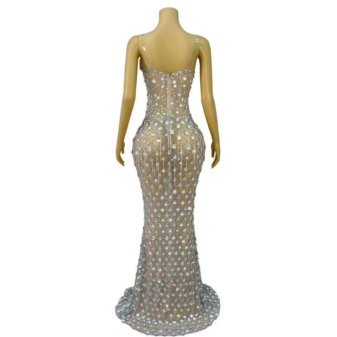 Luxury Sparkly Rhinestones Sexy See Through Sheath Dress Evening Party Performance Costume Nightclub Singer Dancer Stage Wear