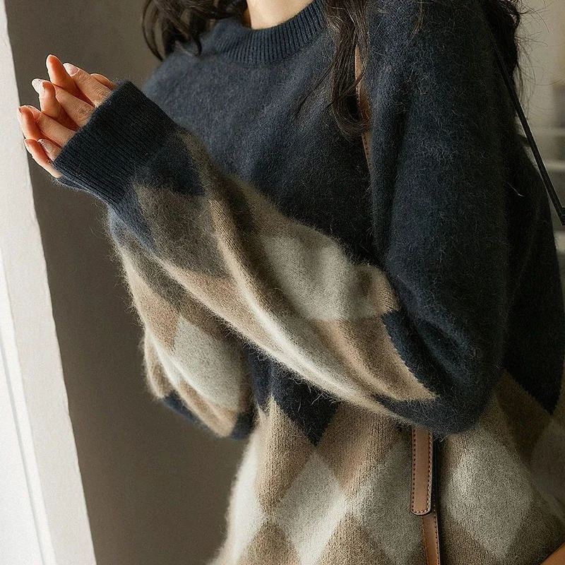 Women\'s Sweater Red Plaid Knit Tops for Woman Graphic Round O Neck Pullovers Jumper Winter Thermal Blouse Korean Style Clothes