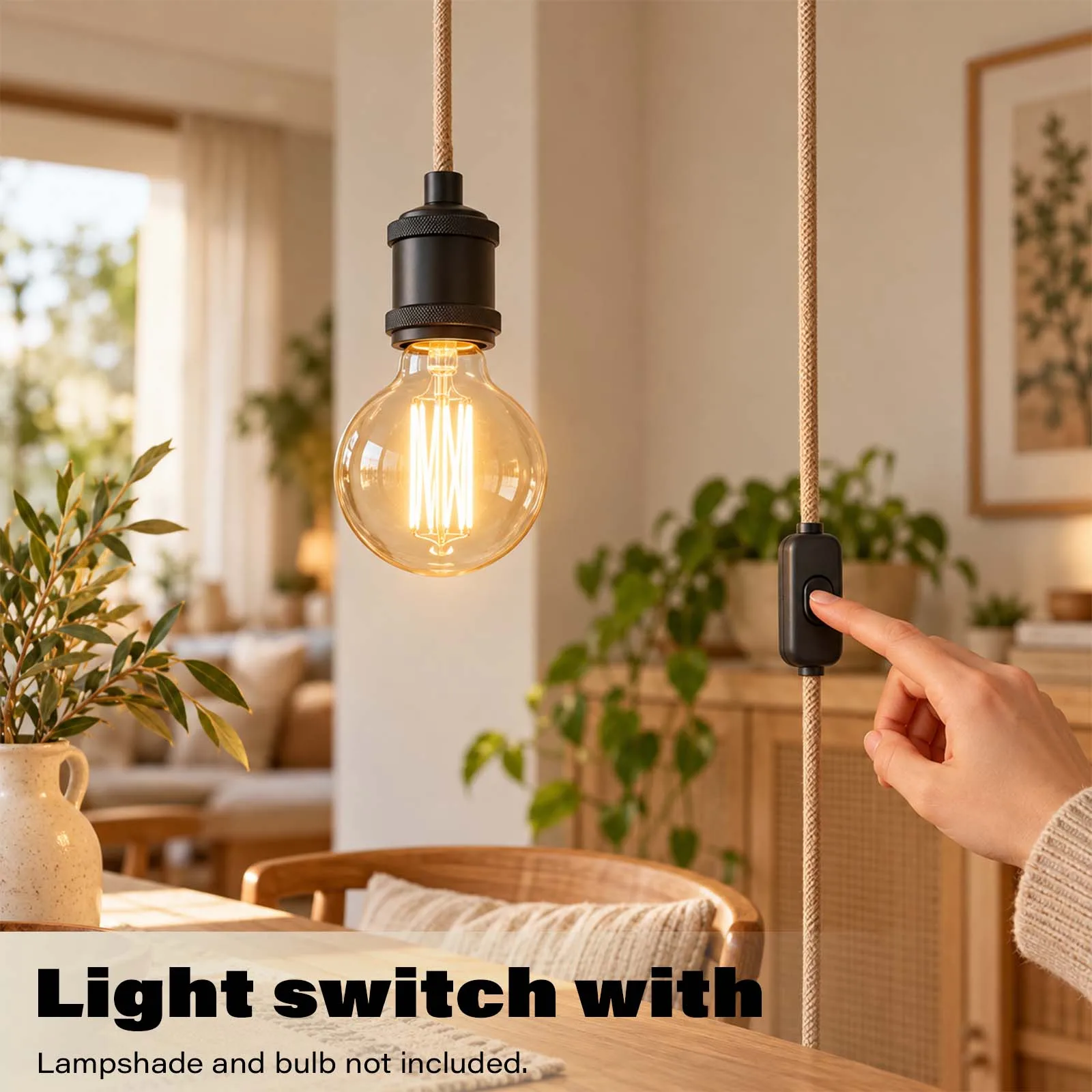 Plug-in Lamp Cord, Matte Black Metal Socket, Hemp Rope Wire, On Off Switch, EU Plug, Retro, Industrial, 5m