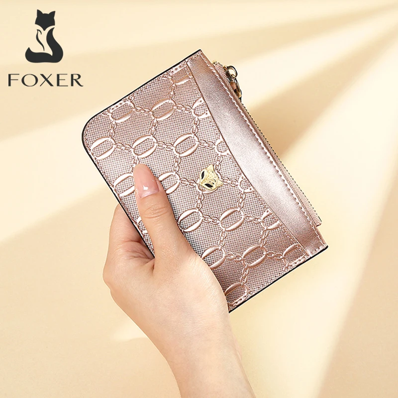 FOXER Brand Women's Short Wallet Split Leather Coin Purse New Light Luxury Short Card Holder Gift for Wife ,Mother