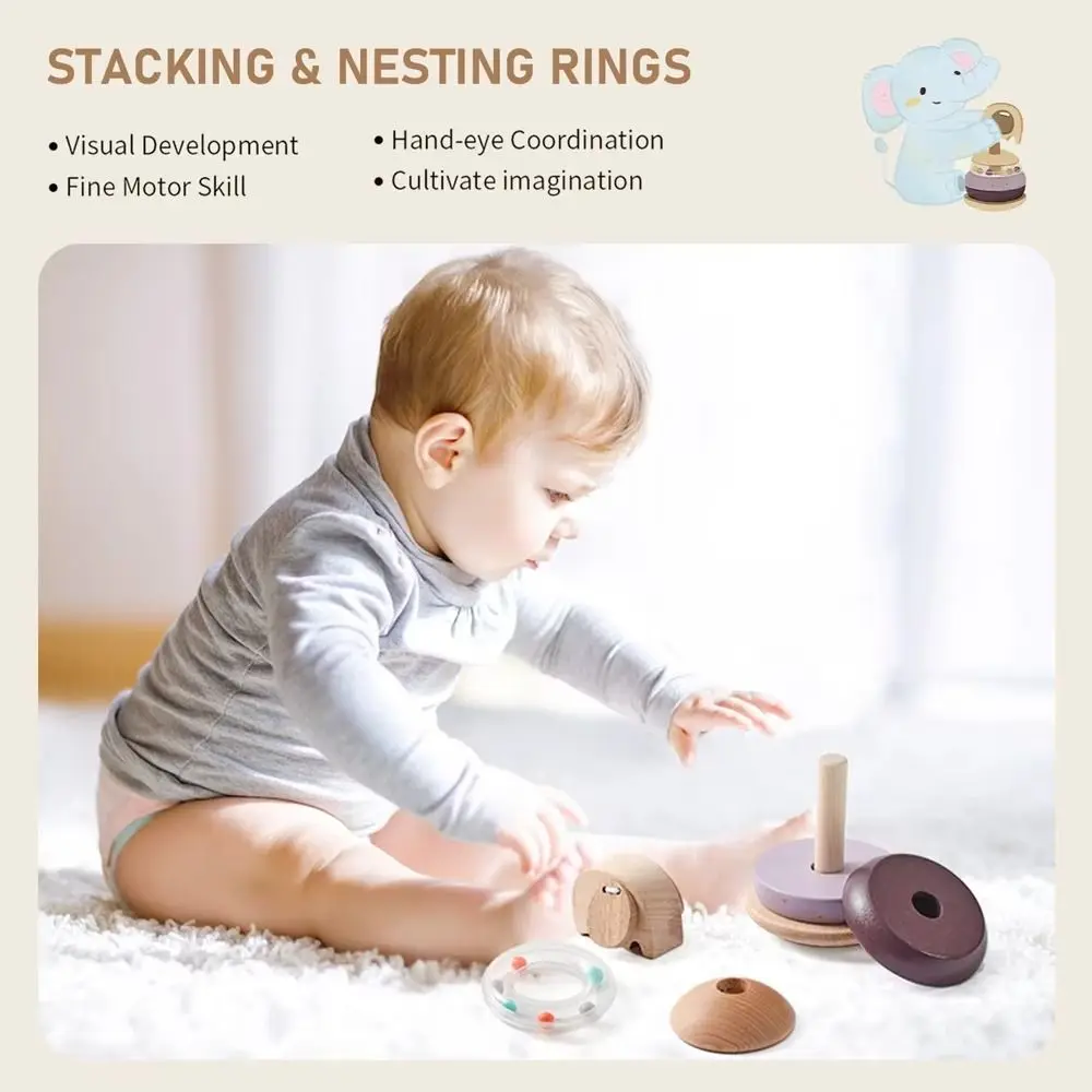 Wooden Baby Pole Stack Toy Montessori Stackable Animal Blocks Educational Toys Ferrule Senses Grasp Elephant Bell Teething Toy