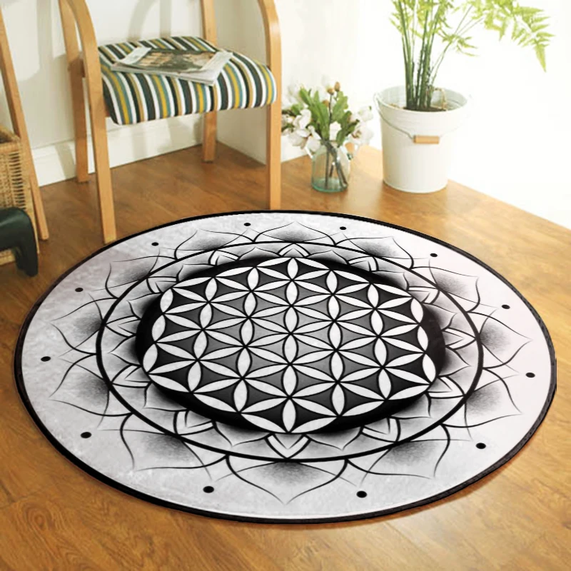 Black and White Flower Of Life Round Carpet Indian Mandala Rug Yoga Room Decor Meditation Mat Non Slip Pagan Reiki Healing Pads