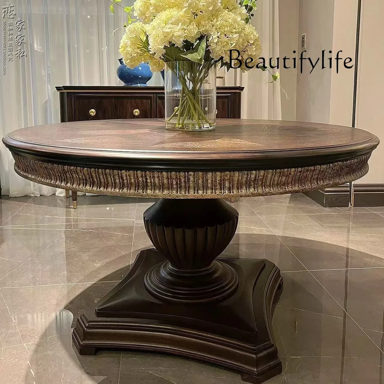 

Spot American retro solid wood dining table ART solid wood dining table and chairs, French engraved round dining table chairs