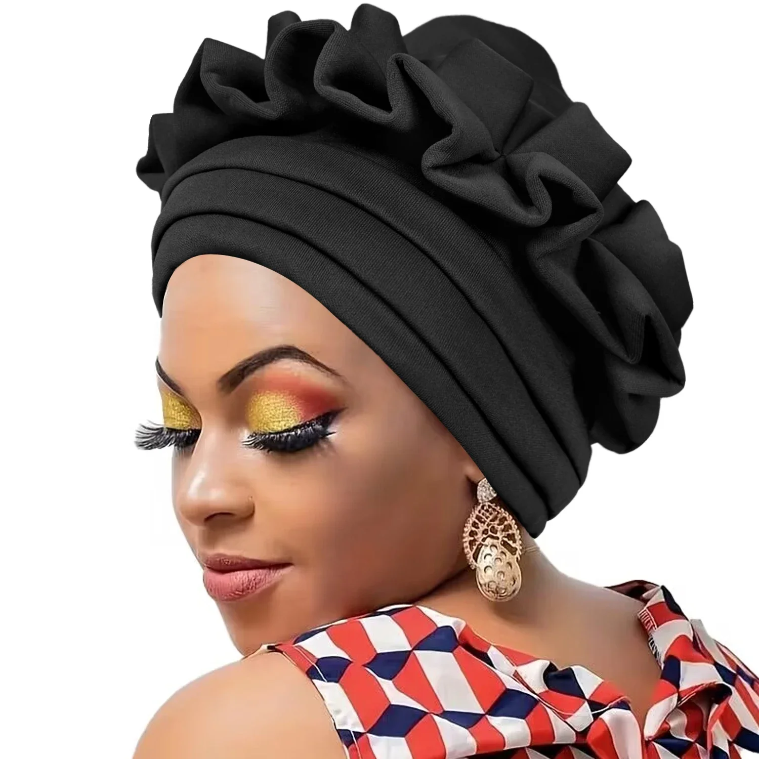 New Raw Silk Pleated Turban Cap for Women African Female Head Wraps Nigeria Lady Headwear Hat Wedding 3-layer Brim Headtie Gift