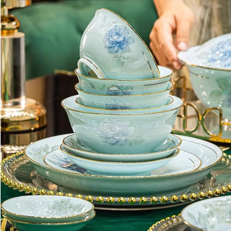 Jingdezhen kaolin raw ore glazed shadow celadon tableware set Chinese dish set Household housewarming gifts