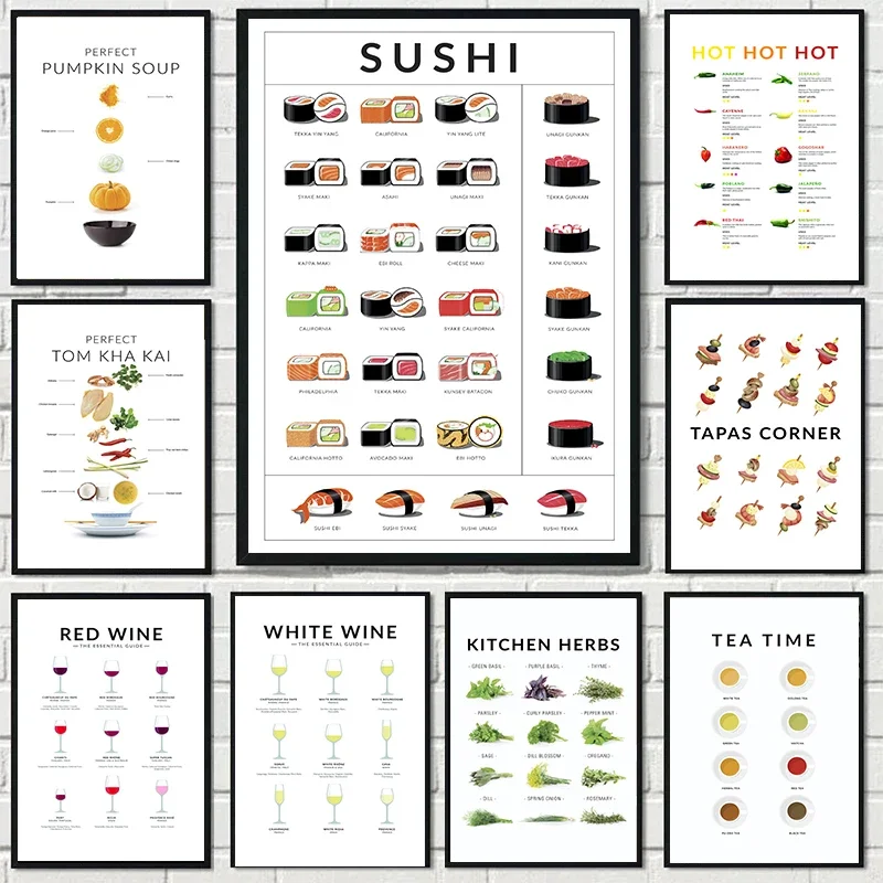 Póster de decoración de pared de cocina Gourmet, arte en lienzo, Sushi, hierbas, gambas, Pasta, calabaza, sopa