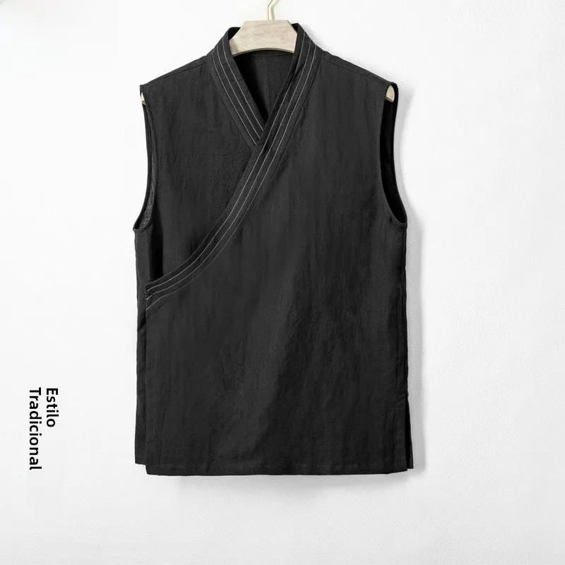 メンズノースリーブベスト薄い綿麻夏tシャツ中国風レトロ唐服漢服カジュアルウェアピュアカラー洗浄済み