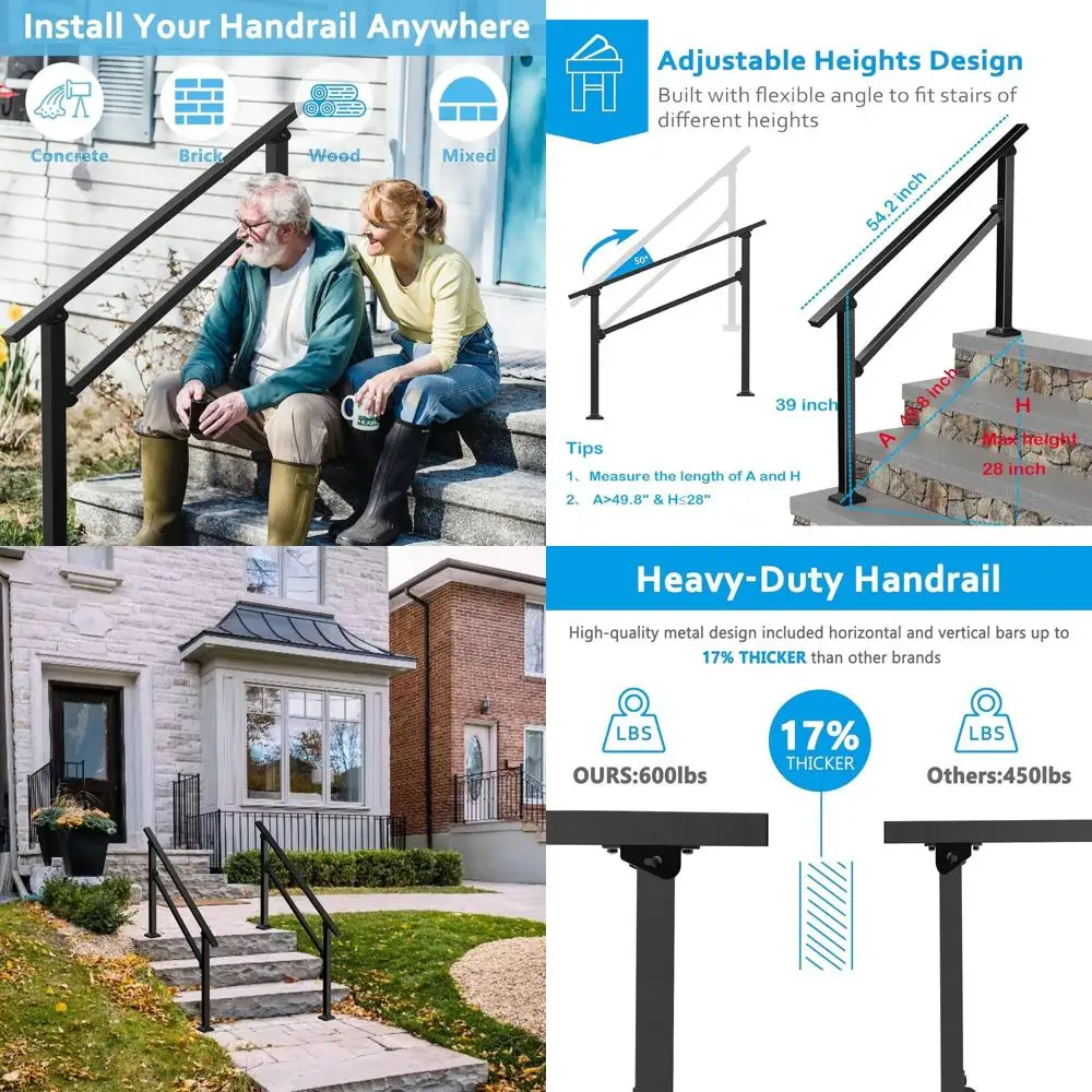 

Набор из 2 наружных поручней для 4 ступеней — черные перила для лестницы и комплект для внутренних лестничных перил, внешние перила лестницы для крыльца, террасы,