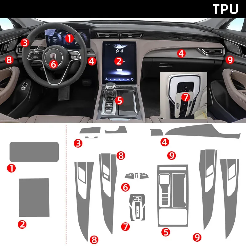 Tpu Transparent Film for Hongqi H5 2022 2023 Car Interior Sticker Center Console Gear Navigation Dashboard Door Windows Panel