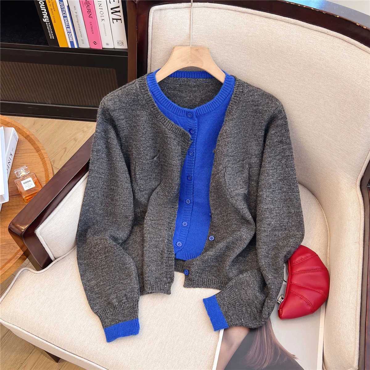 

American Retro Color Blo Sweater Jaet Women's Loose Slimming Knitted Open Cardigan Spring New Sle Faux Two-Piece Top