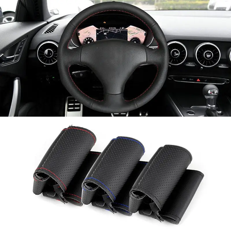 For Audi A3 2000-2003 A4 S4 TT 2004-2006 RS 6 3-Spoke Hand-stitched Car Interior Steering Wheel Cover Perforated Leather Trim