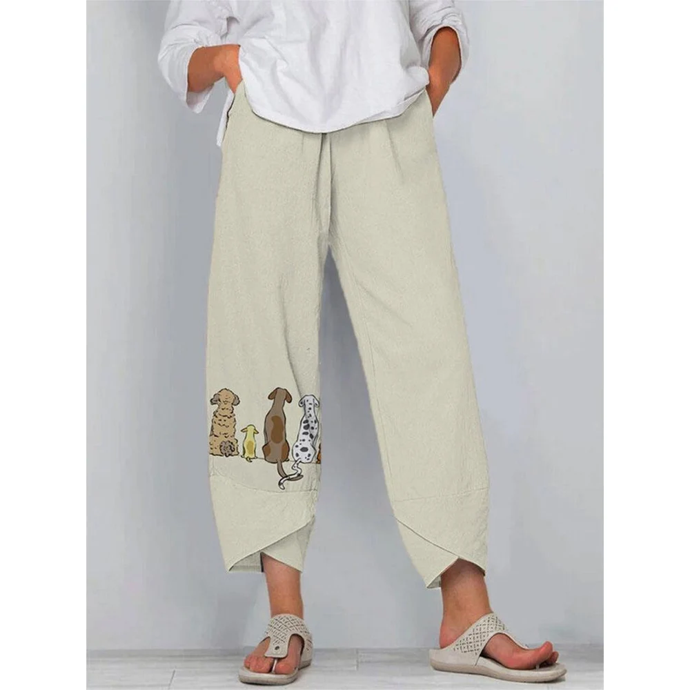 CLOOCL Oversize Trousers Harajuku Cropped Pants Cute Elegant Cat Pattern Print Pant Foot Ankle Design Wide Leg Pants Women