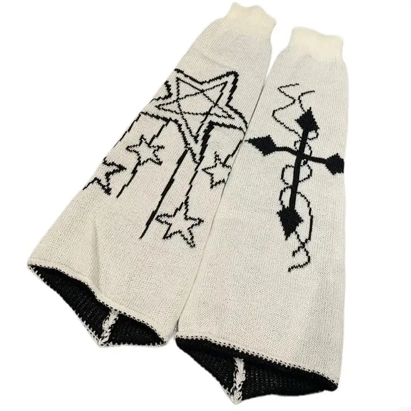 

195E Gothic Women Leg Warmers Harajuku Punk Star Crosses Pattern Flared Knitted Foot Cover Winter Warm Long Socks Streetwear