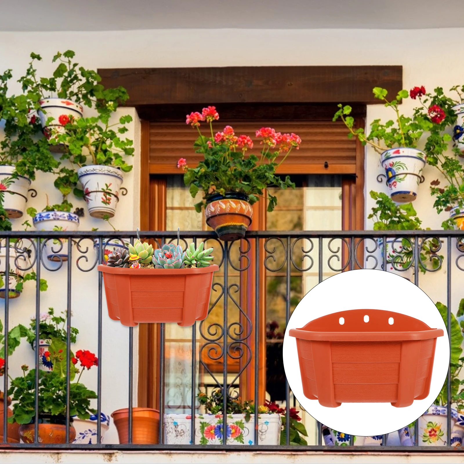 

Semi-Circular Flower Pot Hanging Planter Garden Railing Vertical Seedling Red Basket Durable Sturdy Corrosion Resistant Plant