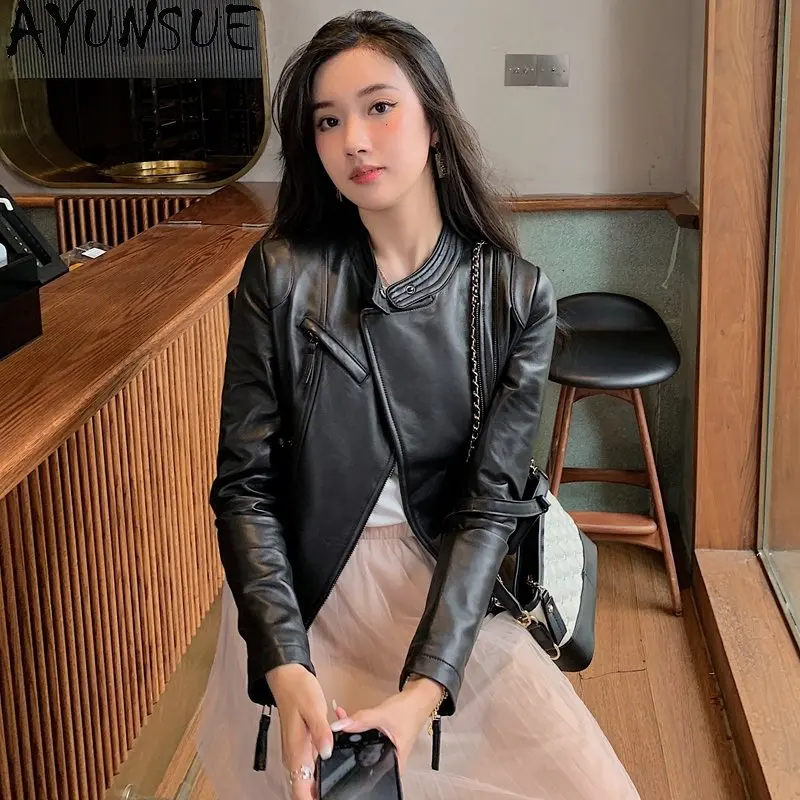 AYUNSUE Blouson court en cuir véritable femme, slim, peau de mouton véritable, 2023