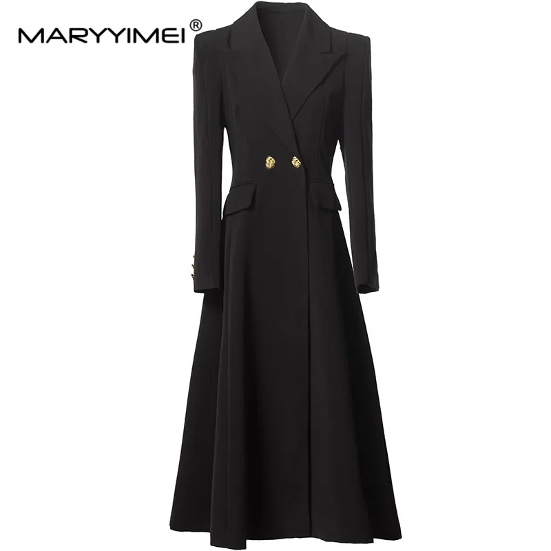 MARYYIMEI Autumn and winter New Style plain color Coat Women Notched Long Sleeved Double-Button Vintage Elegant Overcoat