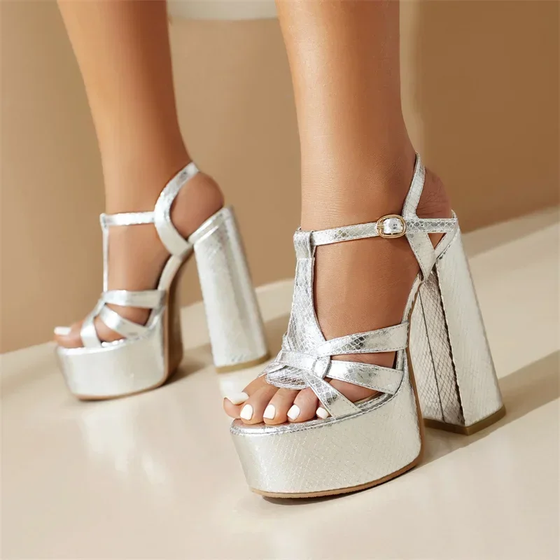 Luxury Glitter Woman Sandals High Chunky Heels Silver Gold Metallic PU Wedding Party Club Lady Summer Ankle Strap Platform Shoes