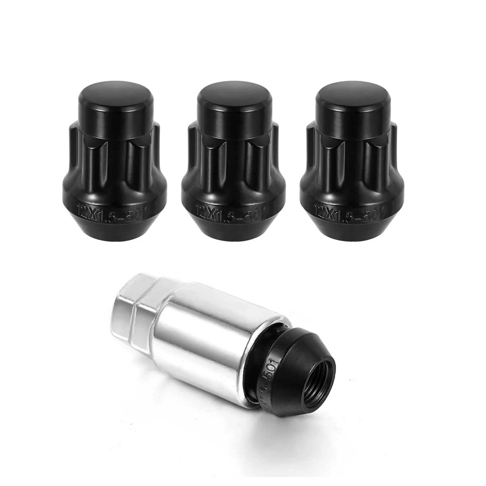black locking lug nuts set  4 Locks + Key M12 x 1.5 12 x 1.5  Closed End Bulge 1.38