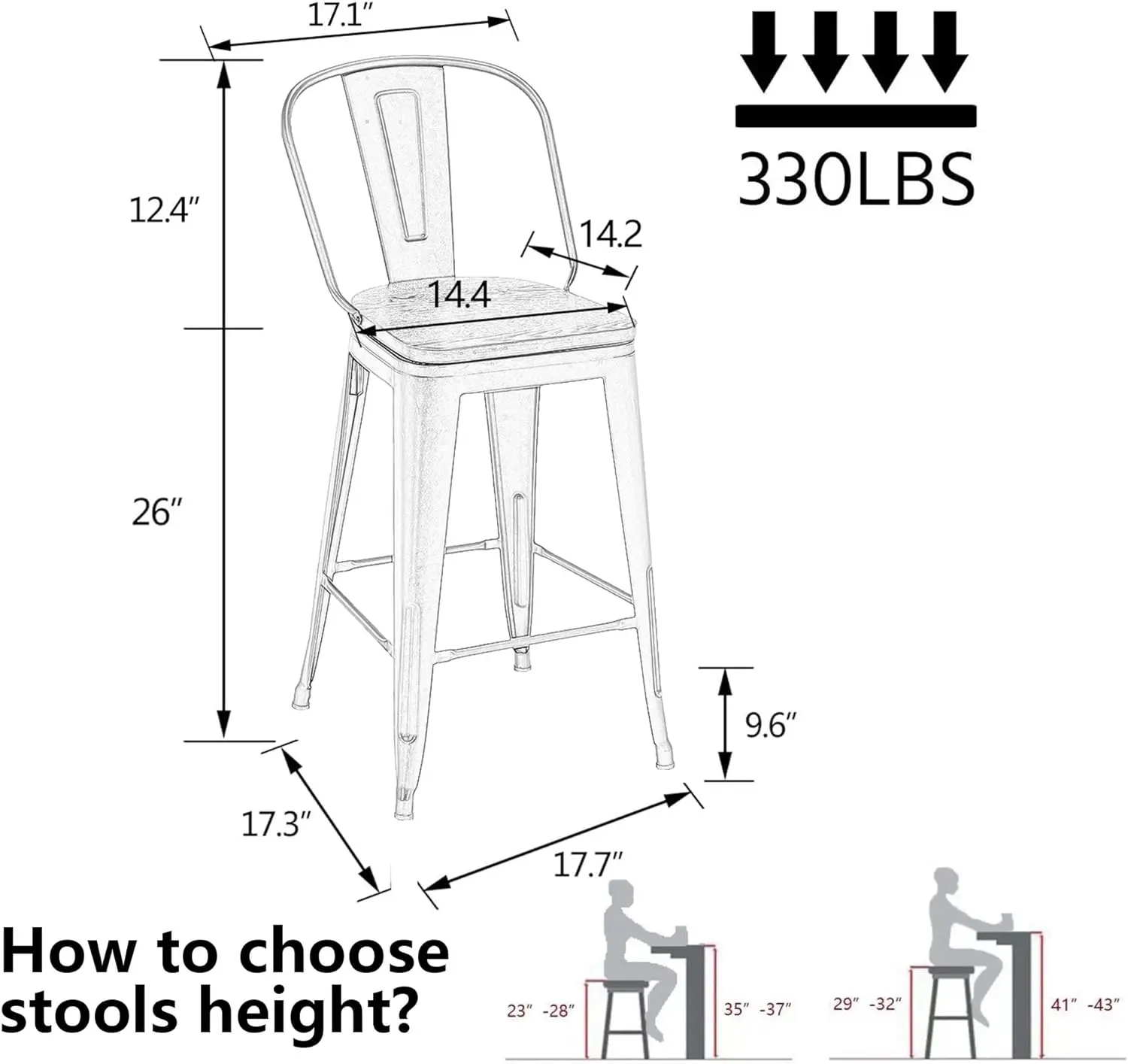 Alunaune-Ensemble de 4 tabourets de bar en métal à dossier haut, chaise de bar à manger industrielle, grande taille, 26 po