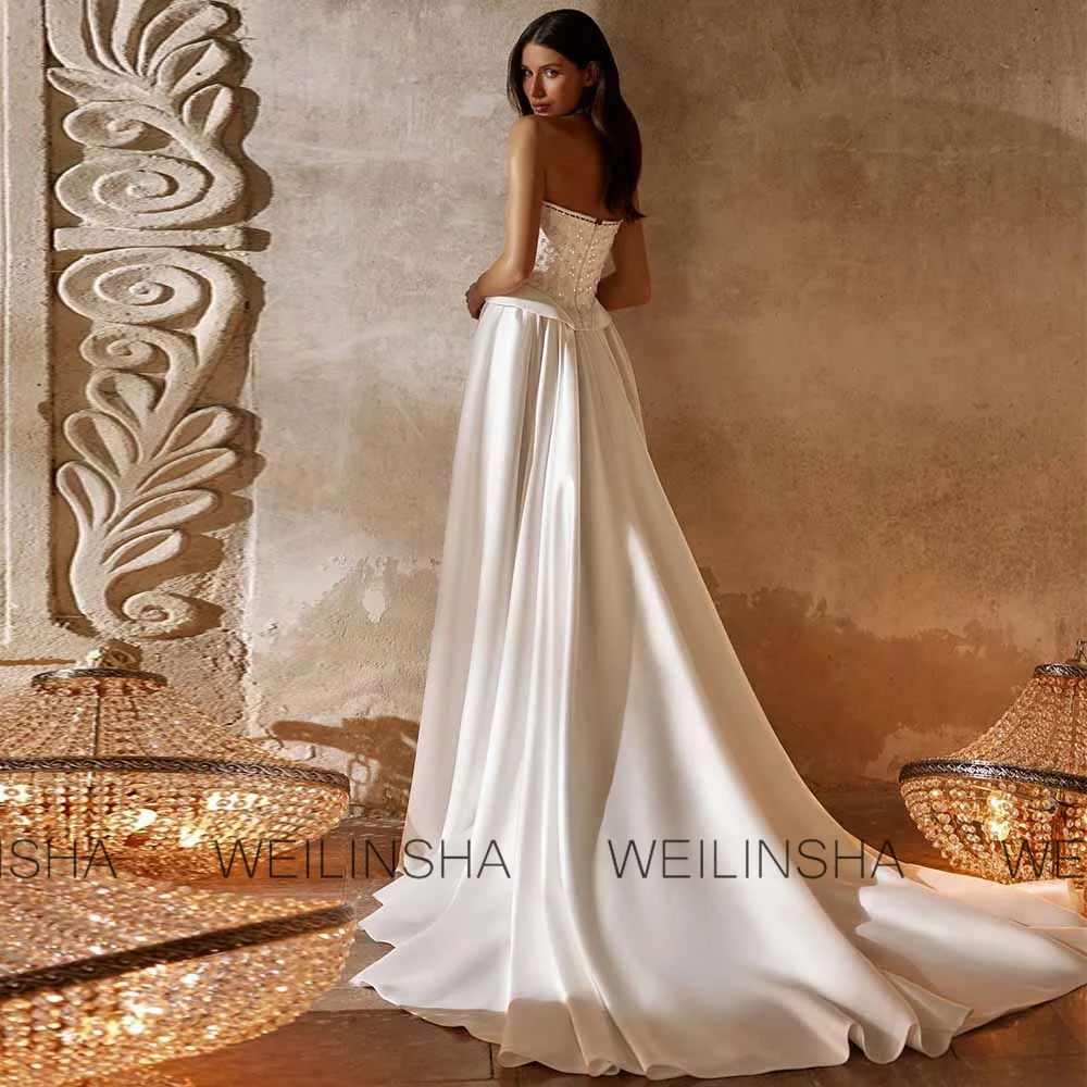 Fashion Wedding Guest Dresses Satin A-line Wedding Party Dresses Ivory Strapless Pearls Lace Ruched Side Split Wedding Dresses