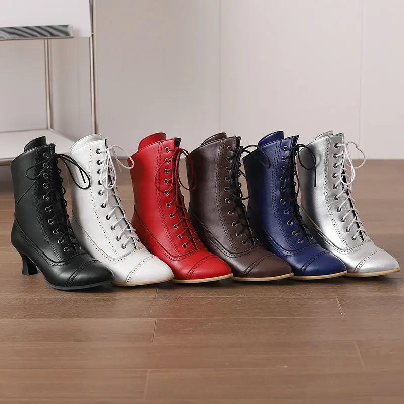 Vintage Retro Mature Ladies High Heels Brogue Design Pointed Toe Winter Autumn Pumps Lace-up Ankle Motorcycle Warm Boots Women