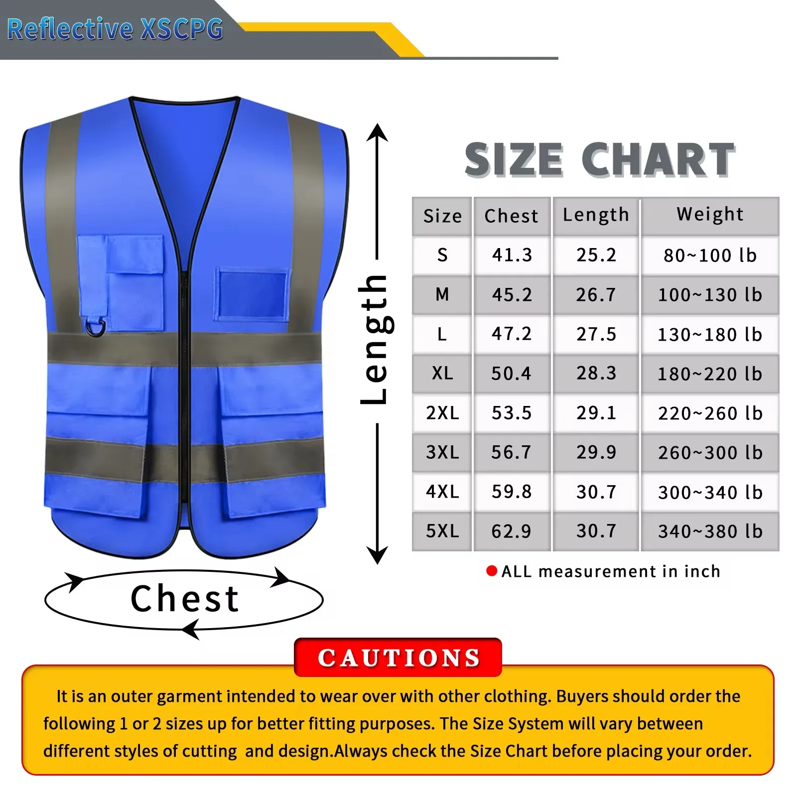 Blue High Visibility Reflective Vest Multiple Pockets Front Zipper Construction Security Work Safety Vests Working Clothes