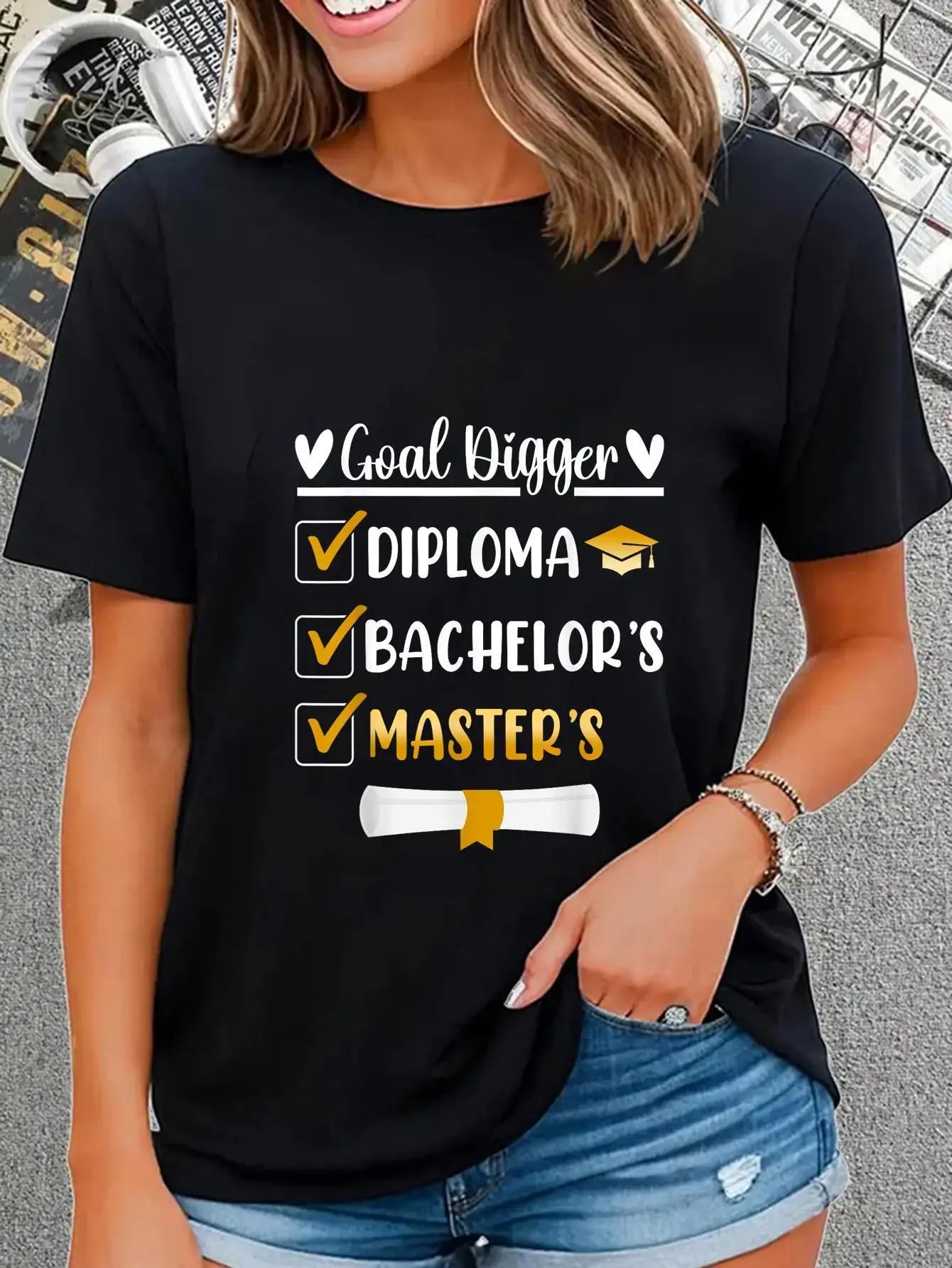 Masters Goal Digger Graduation Tee Black Gold Lettering Diploma Design Short Sleeve Round Neck Comfortable Casual Academic Gift