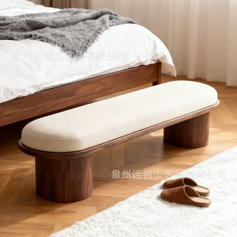 Nordic Retro Solid Wood Shoe Changing Stool Soft Upholstered Bench for Bedroom Bedside Living Room Cloakroom Leisure Seating