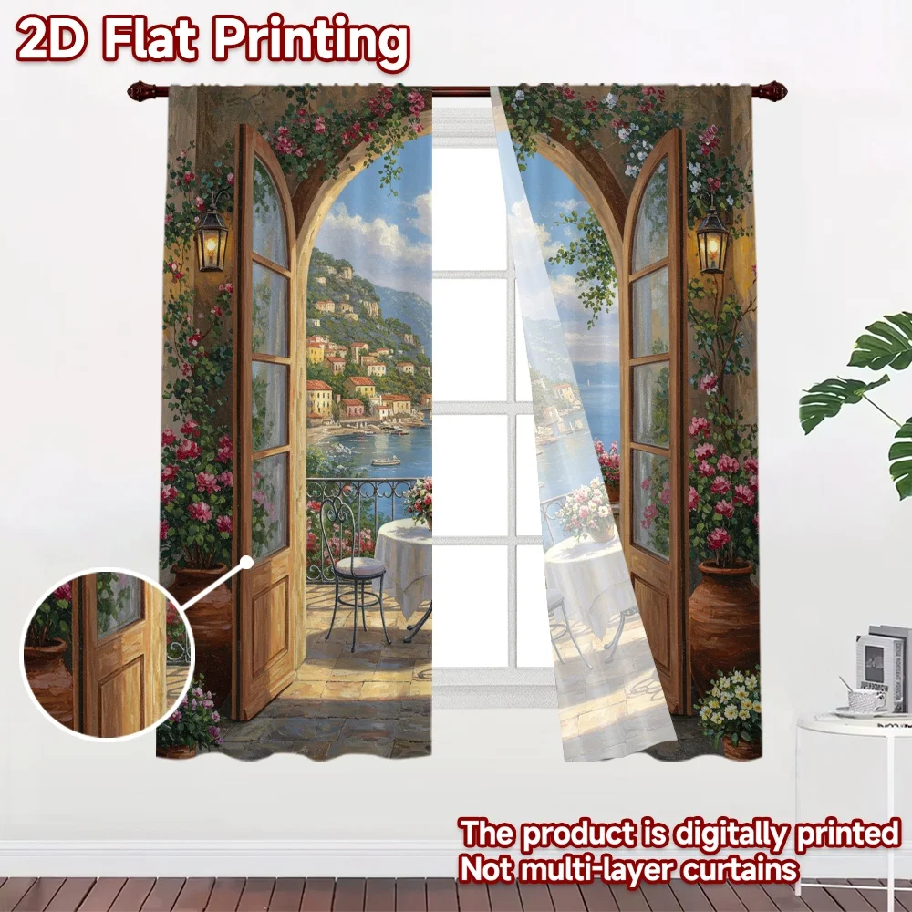 2D flat 2pcs Curtain Home Short Curtains Open Door Coastal View Durable polyester fiber Birthday Party Perfect for Holiday