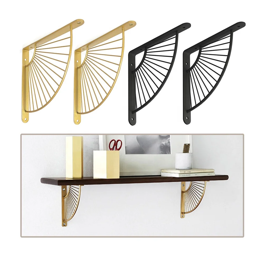 1 Pair Heavy Duty Fan Shaped Metal Gold Floating Shelf Bracket Wall Mounted Gold Iron Decorative Shelf Support Hardware Brackets
