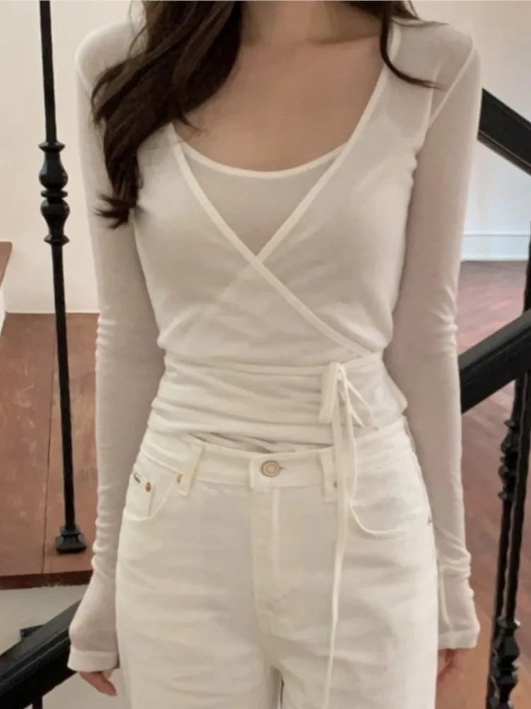 

Sexy Thin Slightly Transparent Two-piece Suit for Women Casual Slim Long Sleeve Cardigan + Suspenders Vintage Sweet Chic Top New