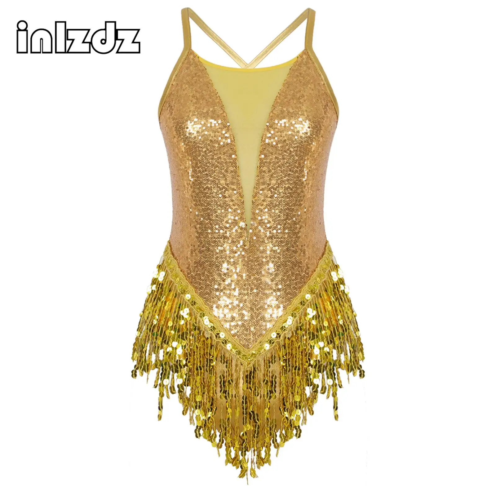 Women Latin Dance Clothes Shiny Sequins Tassel Leotard Bodysuit Latin Ballet Ballroom Competition Performance Dance Costumes