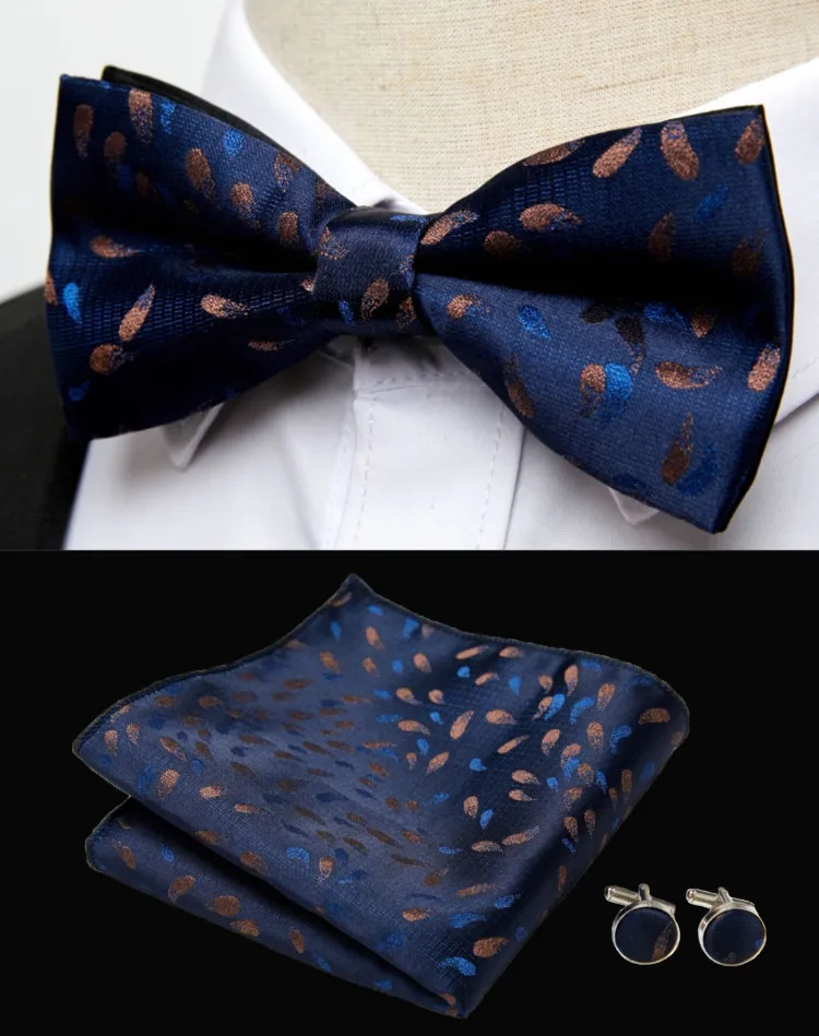 HUISHI Klassische blaue Fliege für Männer, Paisley-Blumenfliege, Einstecktuch, Manschettenknöpfe, Anzug-Set, Hochzeit, Party, kariert, solide Schmetterling – Detail 7