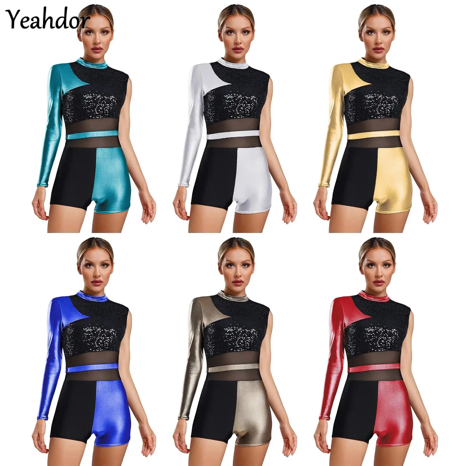 

Womens Latin Dance Bodysuit Boyshort Glittery Sequins Metallic Shiny Asymmetrical Leotard Jazz Chacha Ballet Ballroom Dancewear