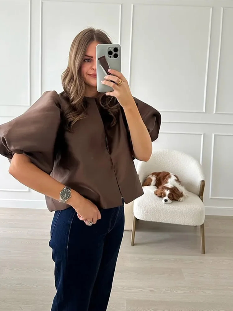 

Solid Satin New Women's Blouse Top With Pouf Balloon Sleeve Spring Summer Female Sleeves O Neck Loose Short Shirt Female Blouses