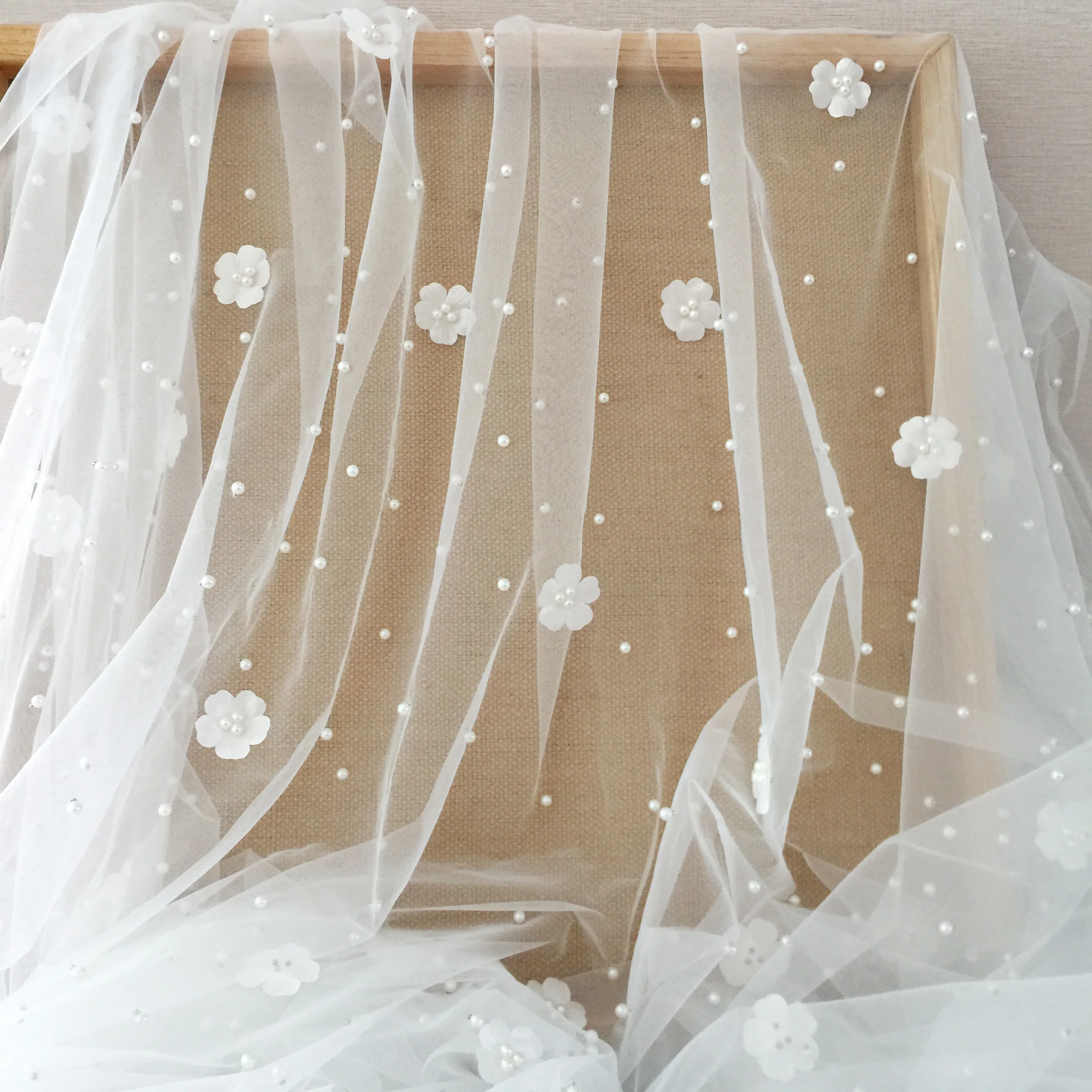 3D Flower Pearl Studded Mesh Fabric, Sewing Lace, Wedding Dress, High Set, DIY Accessories, RS4058