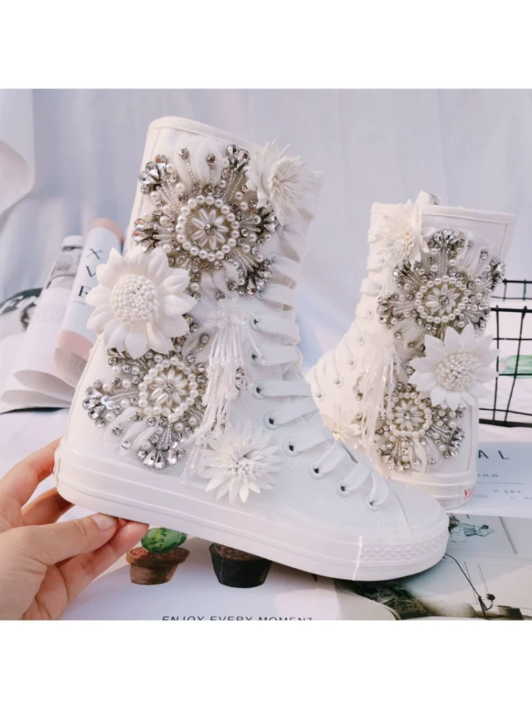 New Rhinestone Heavy Industry Bead Fairy Canvas Shoes Lolita Girl Personality Versatile Tassel High Top White Boots