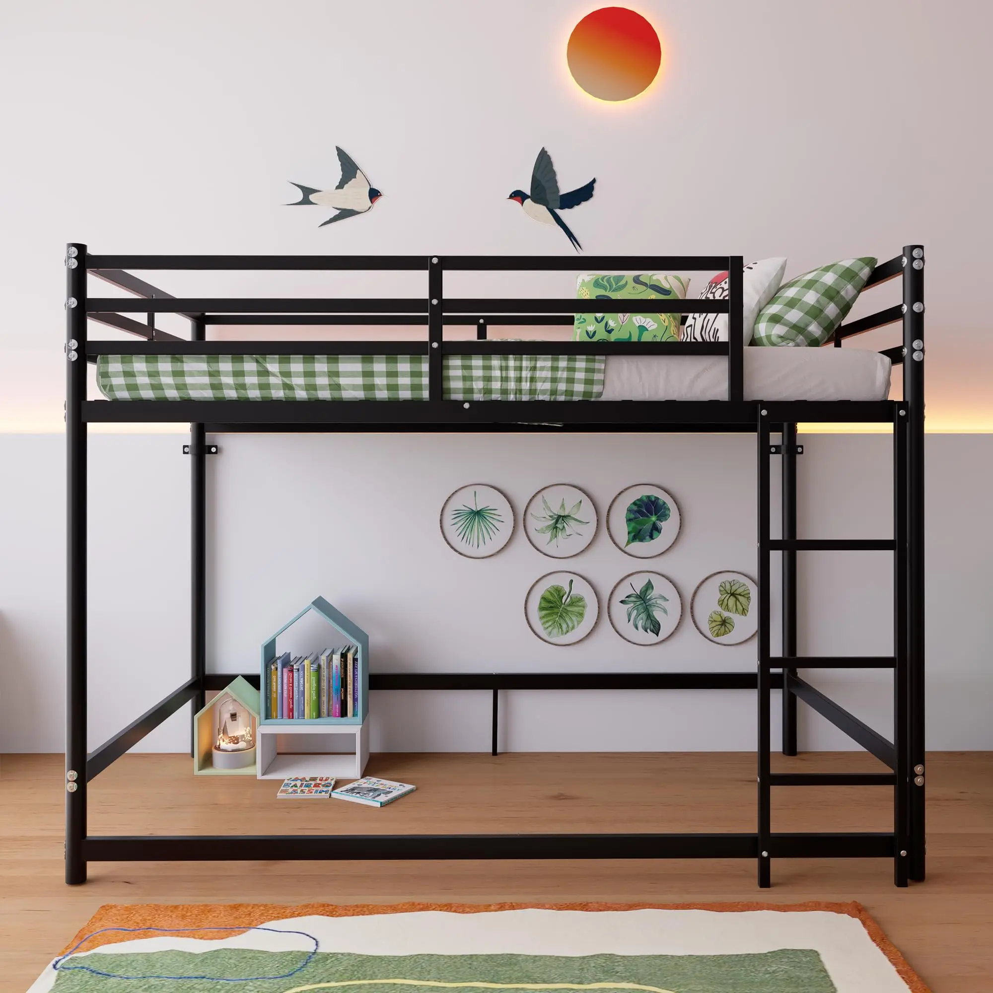 Metal Loft Bed Twin over Twin with High Guardrail and Storage Space Black