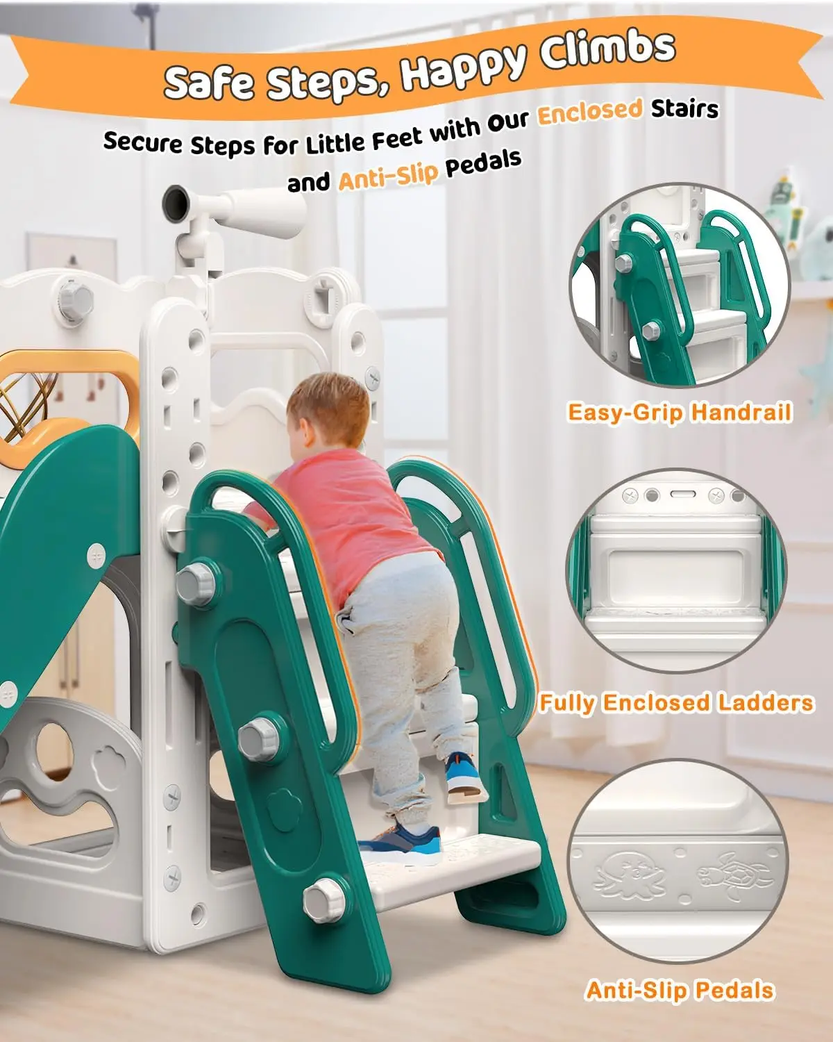 Toddler Slide, 6 in 1 Kids Indoor Slide for Toddlers 1-3, Kids Playground for Indoor Outdoor with Basketball Hoop and Telescope,